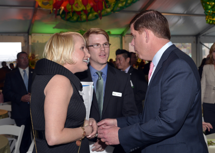 jodi wolin and jesse brackenbury speaking with mayor walsh