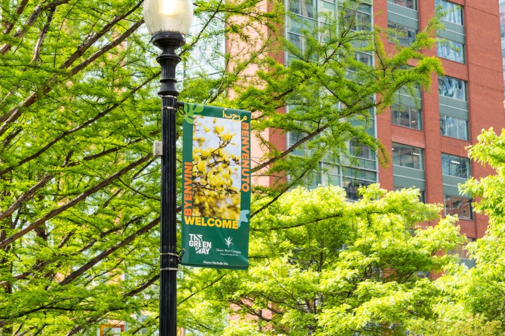A green banner on a lamp post shows an image of yellow magnolias. Around the image is the word "Welcome" in 4 different languages. Below the image are two logos.